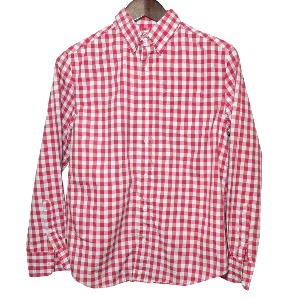 Crewcuts J.Crew Boys Red Gray Gingham Check Button Down Shirt Size 14